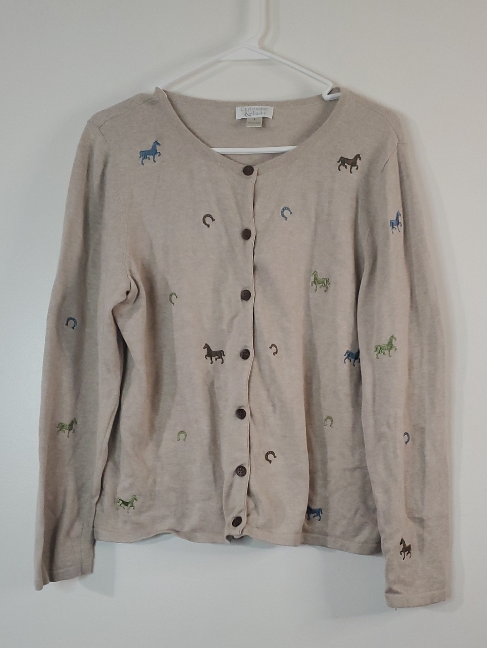 Vintage Light Beige Embroidered Horse Cardigan Sweater Size Lg Horseshoe Y2K Wns